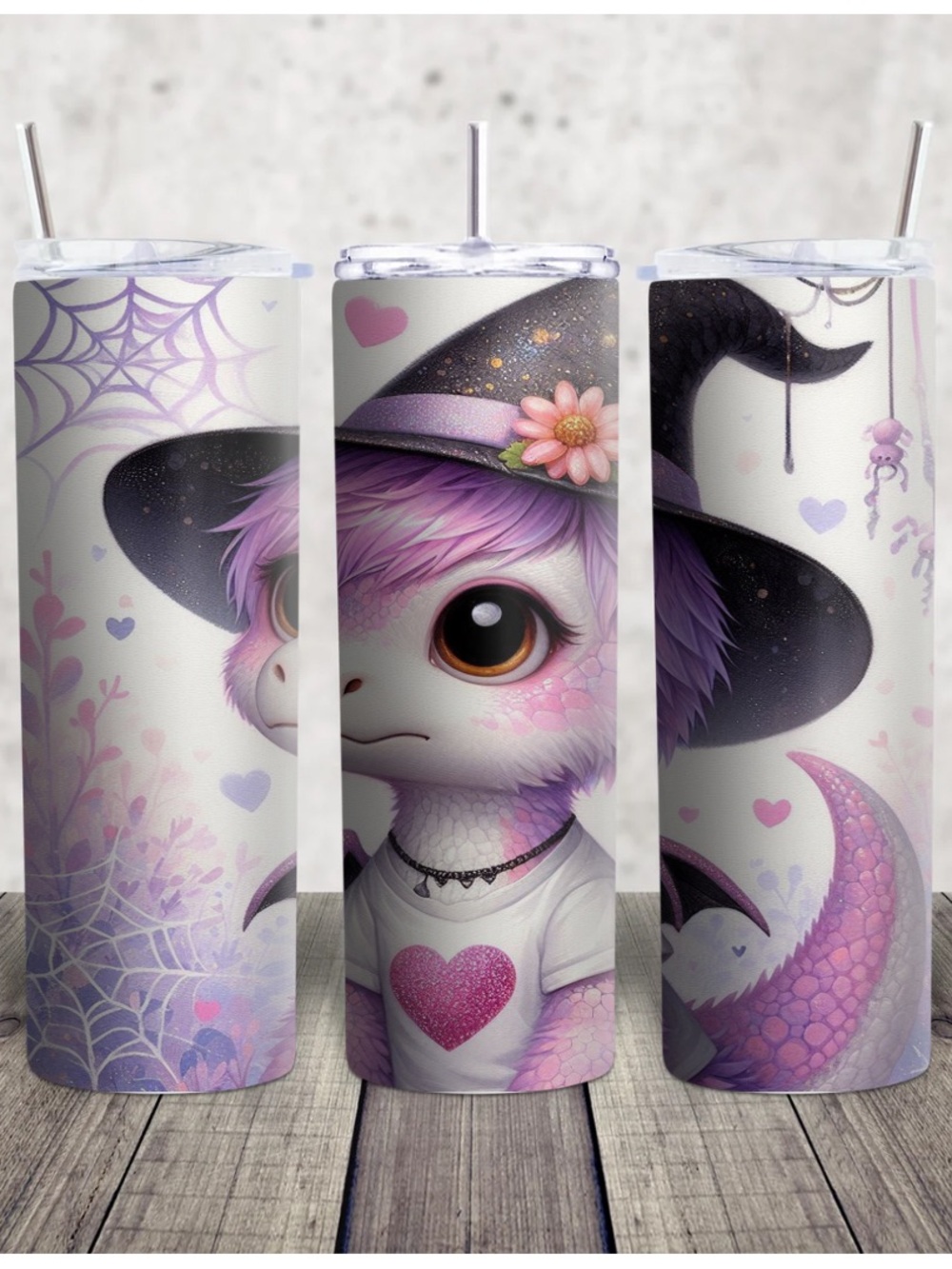 Hand Crafted Purple Pink Cute Dragon Witch Stainless Tumbler